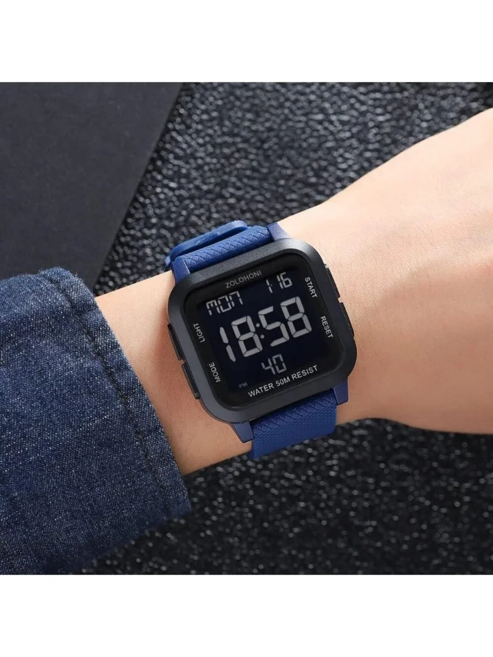 Men's Blue Black Analog Quartz Stainless Steel Waterproof Square Digital Watch